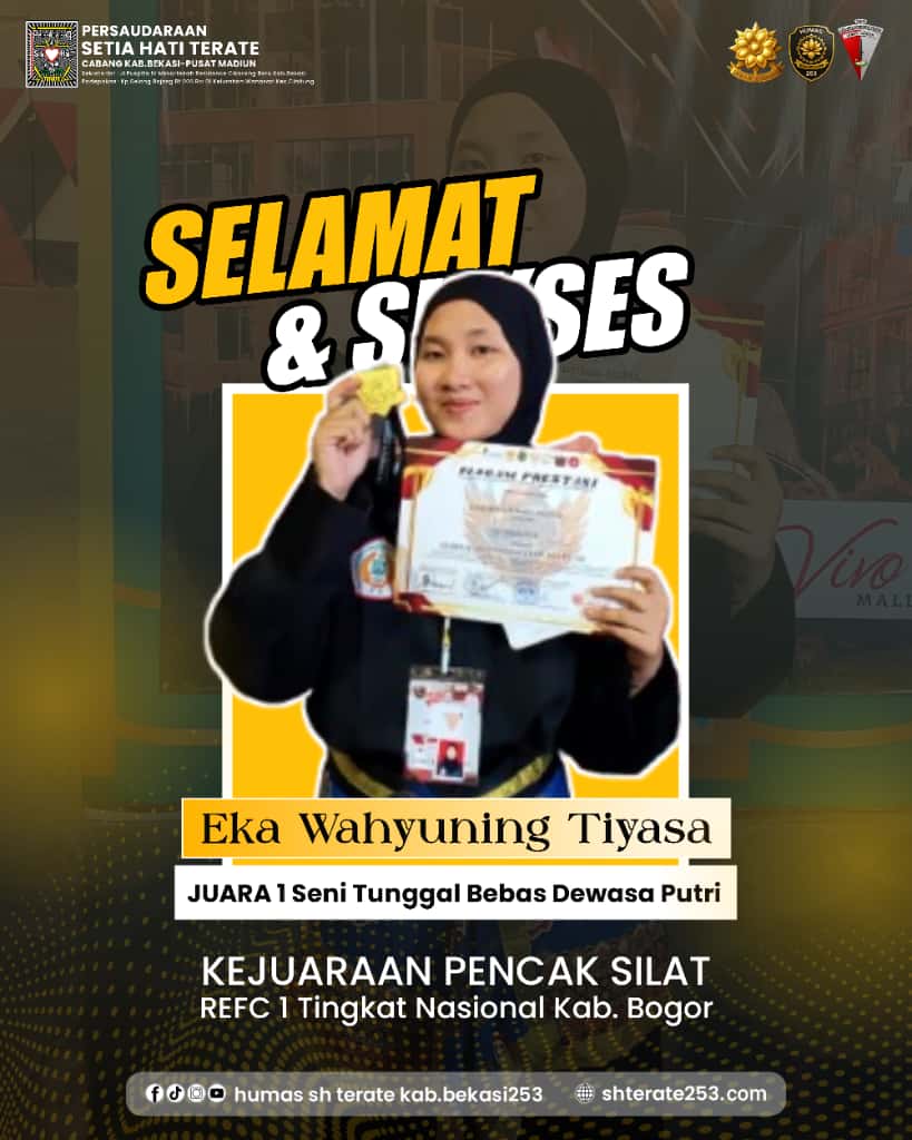 Selamat dan Sukses Eka Wahyuning Tiyas Juara 1 Seni Tunggal Bebas Dewasa Putri